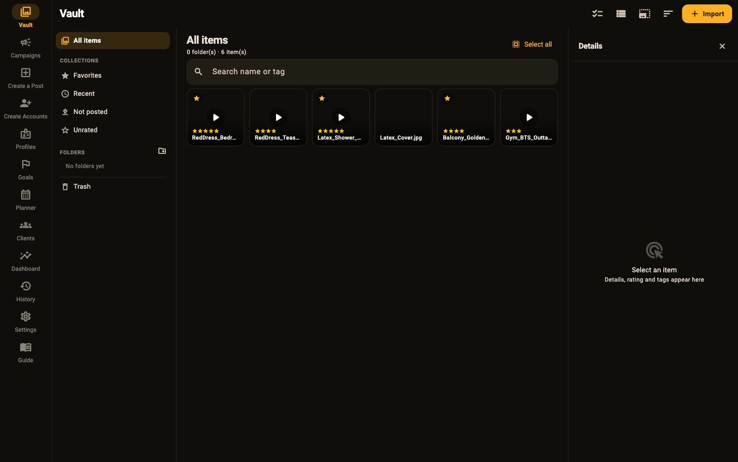 The vault: collections and folders on the left, the media grid in the middle, item details on the right.